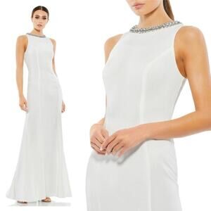 IEENA FOR MAC DUGGAL 49093 Embellished Rhinestone Neck Trumpet Gown White 2 NEW